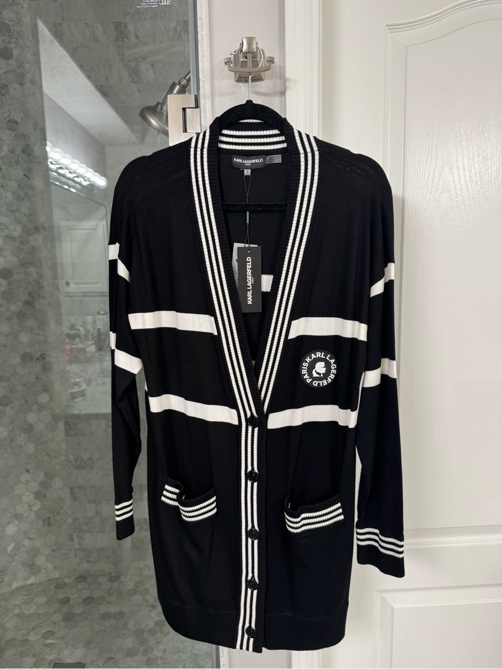 Karl Lagerfeld Paris Striped Long Cardigan Sweater Black White M NWT